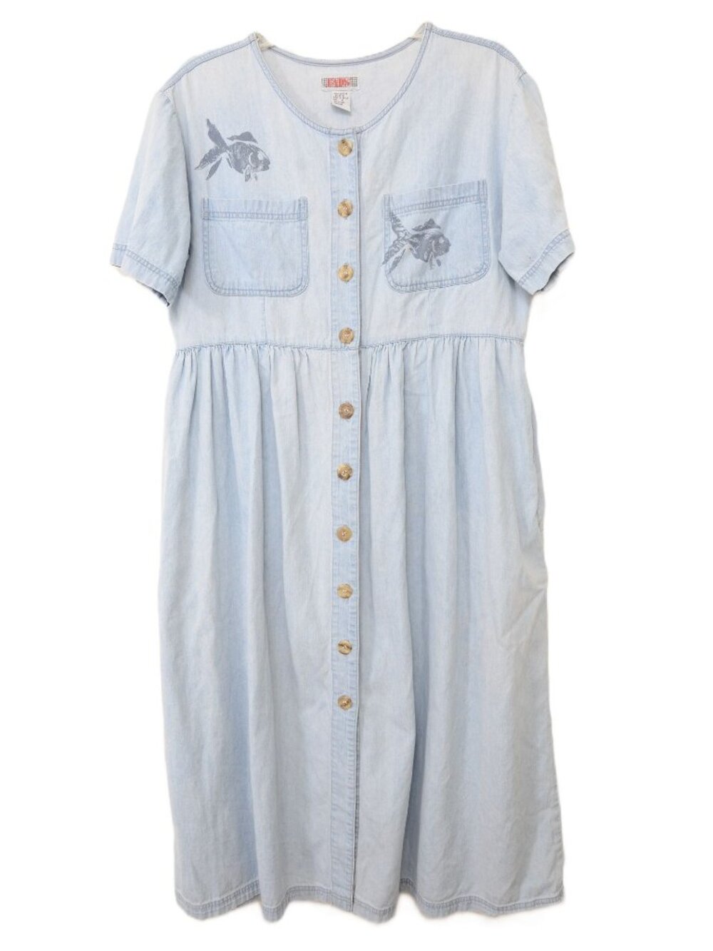 Vintage 90s FADS Sz 14 Fish Motif Cotton Button‎ Front Denim Modest Midi Dress